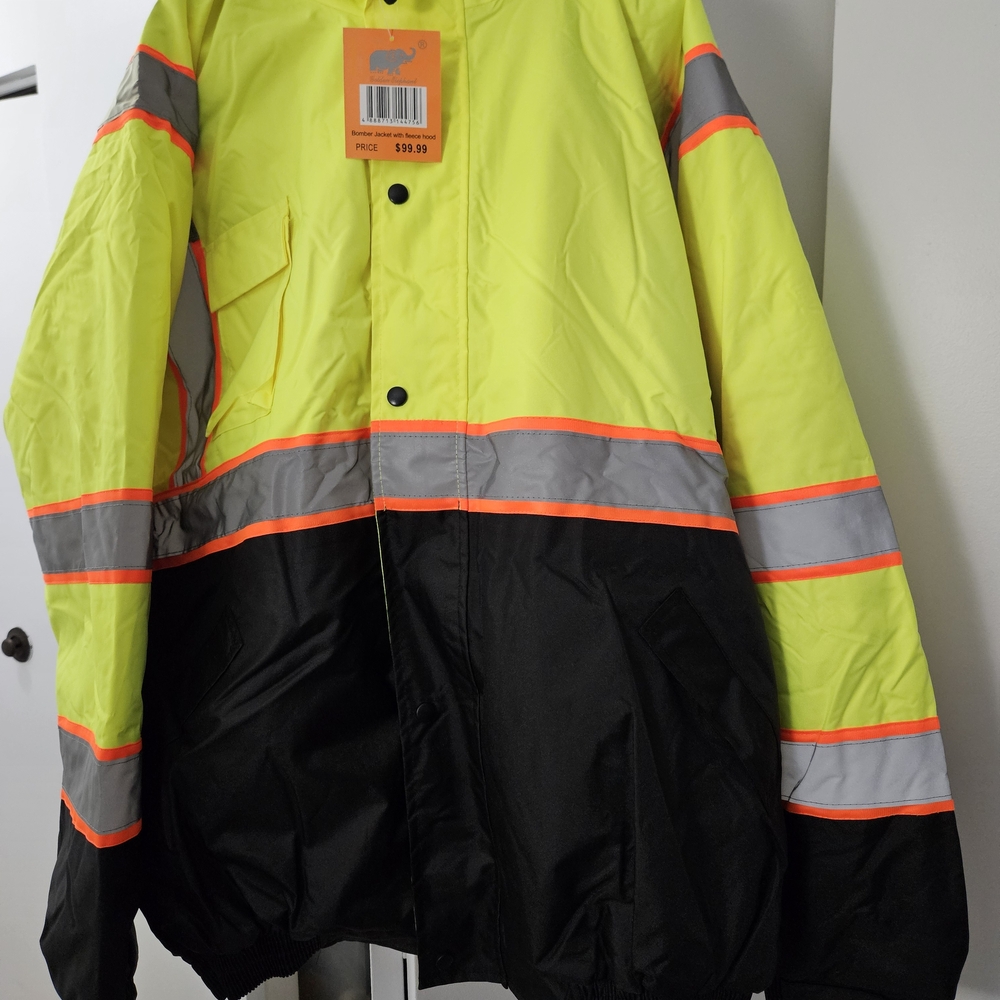 NEW! High-Visibility Yellow and Black Fleece Bomber Jacket With Hood